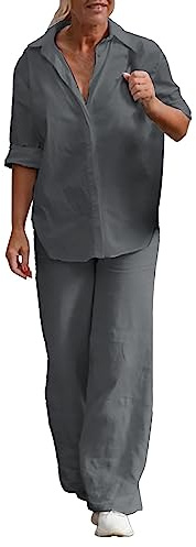HEONSATI Completo Donna Cotone e Lino Sportiva Due Pezzi Completi Elegante Leggeri Elastica Tute Top e Pantaloni Lunghi Tuta in Lino Estiva da Casa Cotone Slim Fit Completi Casual Curvy Oversize