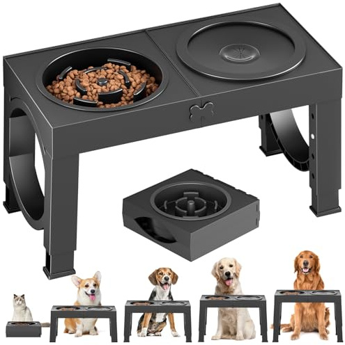Aystkniet Raised Dog Bowls with Stand Includes Slow Feedding Food Bowl and Spill-proof Water Bowl，5 Height Adjustable Elevated Dog Bowl 8cm/23cm/27cm/31cm/35cm for Medium and Large Dog