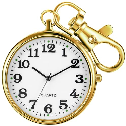 Realpoo Gold White Stainless Steel Quartz Pocket Watch for Men, Ultra-Thin Arabic Digital Dial, Key Chain- Gold White