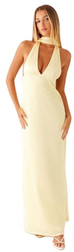LYSINK Women Halter Floral Tube Maxi Dress with Scarf Sexy V Neck Y2K Backless Silk Satin Party Long Dress Summer Sundress (Ba Yellow, M)