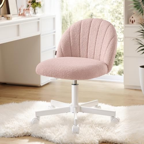 SONGMICS Sedia da Ufficio, Sgabello da Trucco in Tessuto Peluche, Sedia da Scrivania Imbottita in Gommapiuma, Regolabile in Altezza, Studio Camera da Letto Cabina Armadio, Rosa Pastello OBG027SA01