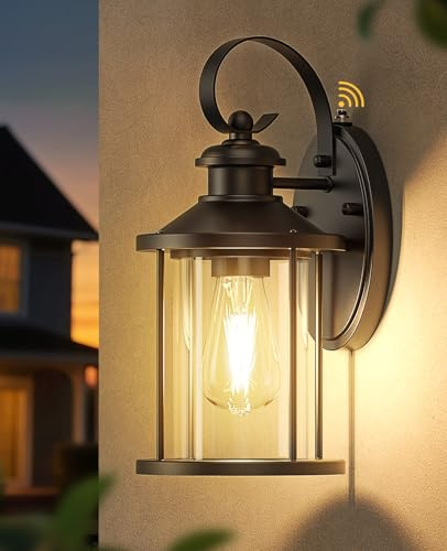 LumaBrite Dusk Till Dawn Outdoor Light, Outside Wall Light Mains Powered Black Glass Porch Light with Ambient Sensor, IP54 Waterproof Exterior Wall Lantern for Garden