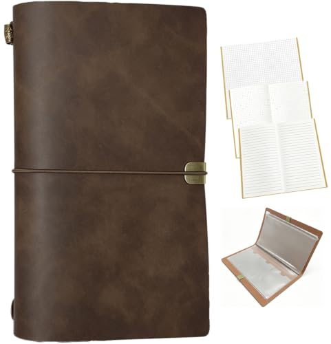 Leather Journal Notebook, Refillable Notebook with 192 Page Dot Grid Lined | 12 x 20 cm Faux Leather Bound Journal Vintage Diary Personal Notepad Gift for Men Women Writing Sketching Planning - Brown
