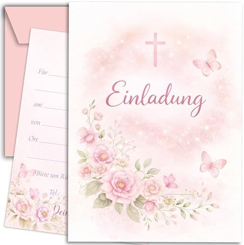 10 inbjudningskort med kuvert inbjudan kort tryckt på båda sidor snygga blommor kors och fjäril akvarell delikat för dop nattvardsgång konfirmation firmation rosa flickor och pojkar
