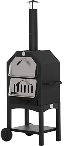 Outsunny Ofen für Pizza Holzkohlegrill, BBQ für den Außenbereich/Garten aus Edelstahl mit Thermometer, 50 x 36 x 160 cm