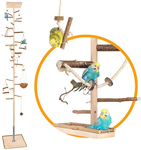 Vogelgaleria® Zimmerhoher Vogel-Kletterbaum 250-252 cm HiFly Medio mit Naturholz-Sitzstangen, Vogelspielzeug Vogelschaukel Vogelspielplatz Freisitz Freiflug Landeplatz für Wellensittich Nymphensittich