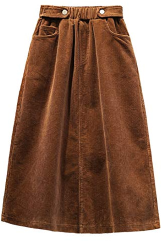 CHARTOU Women's Winter Corduroy Elastic Waist Ruffle A-Line Midi Long Skirt (Medium, Khaki)
