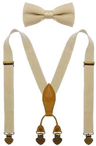 WDSKY Boys' Suspenders and Bow Tie Set Adjustable with 4 Heart Clips 30 Khaki
