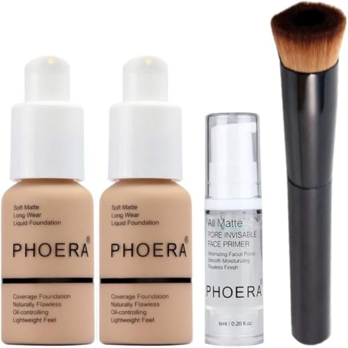 Glamza PHOERA Beauty Set (x2 Warm Peach Matte Foundation, Face Primer & Liquid Brush)