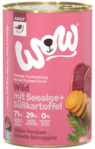 WOW Hundefutter nass Adult mit Wild, 6X 800g I reichhaltiges Nassfutter für ausgewachsene Hunde Aller Rassen I Beste Qualität mit viel Fleisch, Seealge & Süßkartoffel I hohe Verträglichkeit