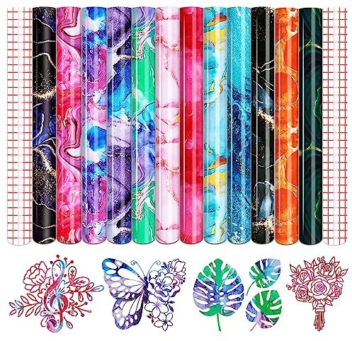 Tintnut Permanent Vinyl - 12 Sheets 12x10, Marble Permanent Adhesive Vinyl Sheets, Watercolor Gold Pattern Self Sticker Water proofing Vinyl