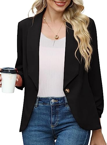 PrinStory Veste en Blazer pour Femmes, Cardigan à Manches 3/4 Froncées, Style Ouvert sur le Devant, Décontracté pour Travail et Bureau, Noir , 36-38