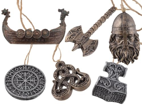 Lot de 6 navires viking à suspendre peints à la main composé d'un marteau de Thor, d'une boussole viking, d'un drakkar, d'une hache, d'une tête, d'un serpent de Midgard