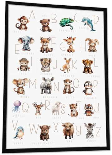 JUHMI ABC Poster für Kinder - Tiere Alphabet Poster & Kunstdrucke - Kinderzimmer Deko für Mädchen & Jungs zum Buchstaben Lernen/Lesen Lernen - 30x40 cm mit Holz Rahmen