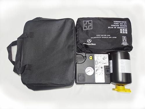 Partsdealers GENUINE TYRE REPAIR KIT FOR MERCEDES MODELS PUMP INFLATOR COMPRESSOR SEALANT BOTTLE 590ml 04.2029 SET + FIRST AID KIT 2028 in BAG/MOBILITY KIT