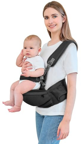 Baby Hip Carrier - Hip Carrier for Baby with Baby Safety Strap - Toddler Carrier 7-45 lbs - Ergonomic Infant Holder Baby Carrier with Hip Seat Large Capacity Pockets(Black)
