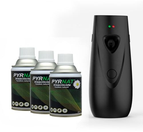 Pyrnat Insecticide 3x250ml au Pyrèthre avec Diffuseur Automatique (Noir) Anti-mouches, Moustiques, Punaise de Lit Efficace et écologique contre les insectes volants et rampants.