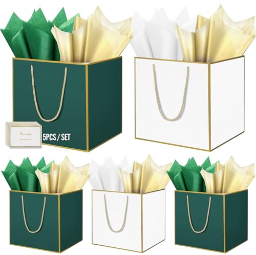 HONTIUS 11.8'' Sacchetto Regalo, Quadrato Sacchetti Regalo, Busta regalo grande con Carta Velina e Carte, 30 * 30 * 30cm Borsa Regalo Compleanno per Damigella d'onore Festa di Nozze 5 Pezzi I