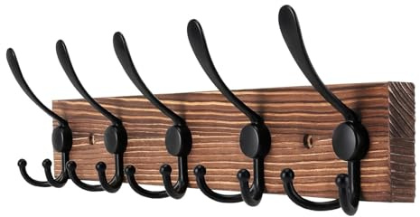 BRAVECOW Wooden Wall Mounted Coat Rack with 5 Triple Hooks Home Living Room Bedroom Hanger Bathroom Organizer Clothes Hats​