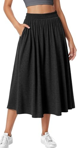 Adigau Women's Swing Mid-Length Midi Skirts Fashion Elastic Waisted Skirt Work Stretchy Skirts Comfy A-Line Midi Skirt Simple Maxi Skirts with Pockets Black XXL
