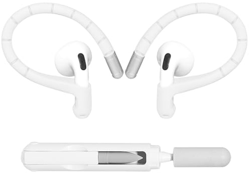 Adhiper Memory Wire öronkrokar för Airpods Pro 1, 2 och Airpods 4, 3 Gen [Tillagd anti-förlorat snodd och 3-i-1 rengöringssat], halkskydd sporttillbehör öronkrokar för Airpods-serien öronsnäckor – vit