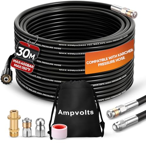 Ampvolts Tubo di pulizia per tubature 30 m con adattatore in ottone – 400 Bar/5800 PSI, compatibile con idropulitrici Karcher K2 K3 K4 K5 K6 K7, per la pulizia degli scarichi