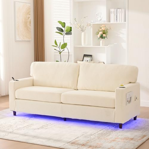 FammyLoft Sofa 2 Sitzer, Eckcouch mit USB-C, Cloud Couch mit LED-Ambiente, Getränkehaltern und Seitentaschen, Holz/Metall-Rahmen mit Komfortschaum für Wohnzimmer, Schlafzimmer, Beige
