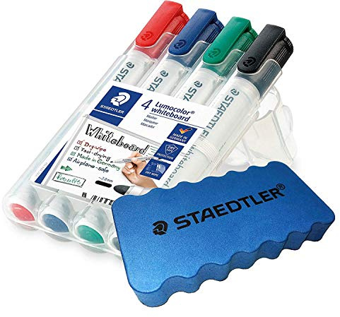 Staedtler Lumocolor 351 WP4 Rotuladores para pizarra blanca, punta redonda, estuche con 4 colores (con esponja para pizarra blanca, juego de 4 rotuladores, 2 unidades)