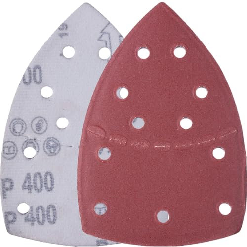 YoiYee 12 fogli abrasivi, per levigare i dettagli del mouse, carta vetrata triangolare Delta, con gancio e anello di fissaggio, 11 fori, accessori per levigatrice multipla, grana 400, colore rosso