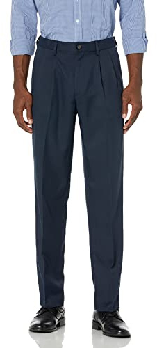Amazon Essentials Pantaloni da Abito con Pinces con Vita Espandibile in Vita e Vestibilità Classica Uomo, Blu Marino, 42W / 32L