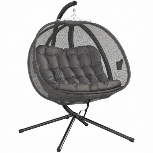 Outsunny Double Hanging Egg Chair 2 Seaters Texteline Swing Hammock Chair with Stand, Cushion and Folding Design, for Indoor and Outdoor, Grey