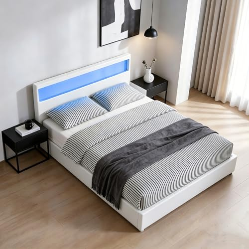 Senvoziii LED Bed Frame Ottoman Gas Lift Up Bed 5ft King Size,White
