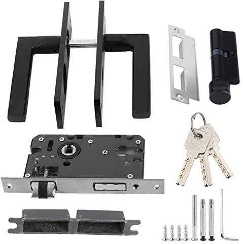 Euro Black Door Handle With Lock and Key Box Set - Aluminum Mortise Lock Complete Set With 3 Keys for Home and Bathroom