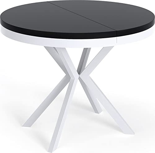 WFL GROUP Table à Manger Extensible Ronde - Table Style Loft avec Pieds en Métal Blancs - 100 à 180 Cm - Table Ronde Style Industriel pour Le Salon - Compacte - 100 Cm - Noir