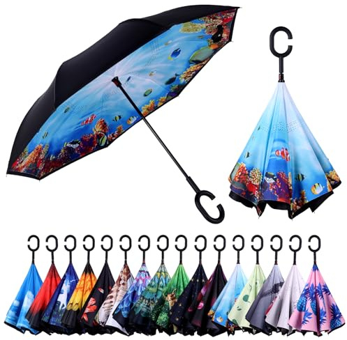 Wxjiahetai Inverted Umbrella, 49 Inch Double-Layer Vented Reverse Umbrella, Windproof Waterproof UV Protection, Lightweight C-Handle, Fiberglass Ribs, Steel Shaft, Travel/Commute/Car Use, With Sleeve
