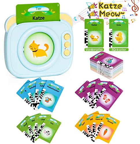 Sprechende Flash Karten, 112 Lernkarten 224 Wörter Lernspielzeug für Kinder 1-6 Jahre, Deutsch Lernen Vorschul-Lernmaschine Elektronisches Interaktives Spielzeug Geschenk für Jungen Mädchen Blau