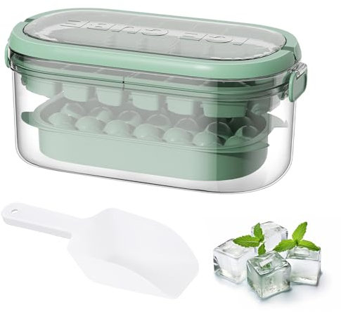 Stampo per ghiaccio, cubetti di ghiaccio in silicone, forme circolari e quadrate, capacità di 54 cubetti, adatto per whisky, cocktail, caffè, succhi (2 livelli, 1 secchio e cucchiaio) (verde)