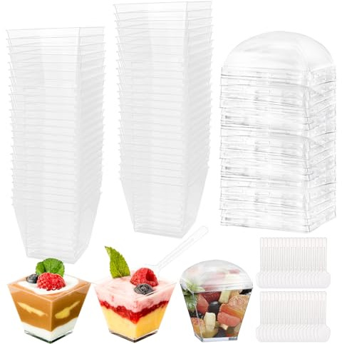 100 stycken dessertburkar i plast, 115 ml plast dessertkoppar i skålar med skedar och lock, klara dessertskålar i återanvändbara glas, glass, dessert, fest, födelsedag