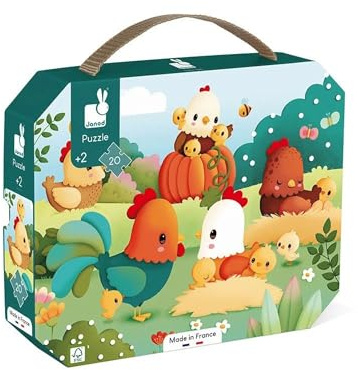 Janod - Puzzle Willkommen auf dem Hühnerhof - 20-teiliges Puzzle aus FSC-Pappe - Lernspiel - Fördert Geduld und Handgeschicklichkeit Ab 24 Monaten, J03320