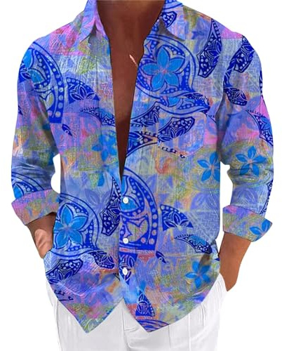 Camisa de manga larga para hombre, camisa hawaiana para hombre, camisa informal hawaiana, estilo tropical, estampado con botones, camisa informal de verano para hombre