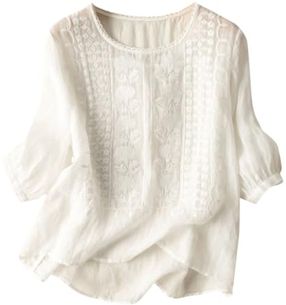ORANDESIGNE Chemisier Lin Femme Été Chemisiers et Blouses Coton Et Lin Broderie Col Rond Manches 3/4 Tops Lâche T-Shirts Casual Vintage Blouse A Blanc XL