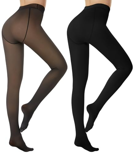 DDOBB 2 Pack Fleece Lined Tights for Women High Waisted Fake Translucent Thick Sheer Warm Winter Footed Pantyhose Ladies Stretch Stocking（A-BLACK+B-BLACK XL）
