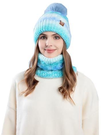 SZETOSY Set di berretto in maglia 2 in 1 da donna, berretto invernale con pompon e fodera in pile, collo in maglia caldo per uso casual, quotidiano, casa, ufficio, scuola, escursionismo, sport