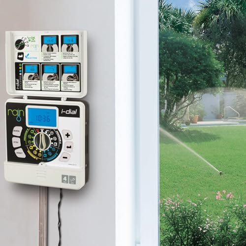 Centralina Irrigazione 4 zone per interno | Programmatore Indoor Rain I-Dial 24 VAC | Trasformatore esterno 220 Schermo retroilluminato | Impianto di irrigazione automatico per elettrovalvole