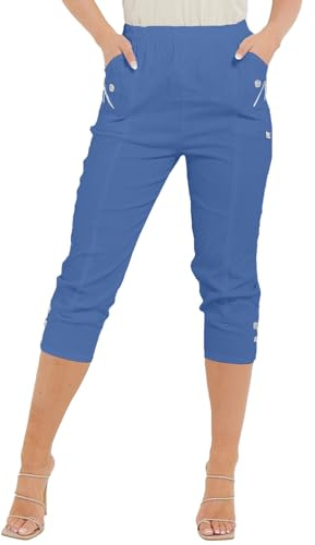 Women Cherry Berry Capri 3/4 Trousers, Ladies Elasticated Cotton Stretch Cropped Bottom Pants (Denim, 16)