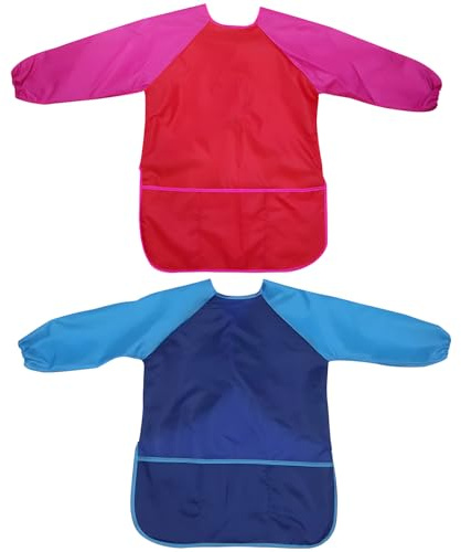 BbiuRer Bata de pintura para niños de 8 a 10 años, 2 unidades de delantales para niños, batas de pintor para niños de 7 a 12 años, ideal para arte, escuela y clase de cocina, 1 azul y 1 rojo
