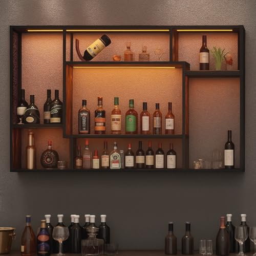 YOURLITE Weinregal Wand, mit LED-Beleuchtung Metall, Bar Regal mit LED-Licht, Wandmontage Wine Display-Ständer, 3 Ebenen Weinregal Metall, für Bars, Wohnzimmer, Küche, Restaurant, Schwarz