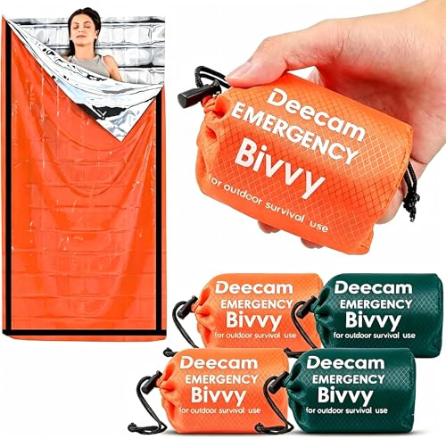 Deecam Sac de Couchage de Survie 4 pièces, Couverture de Survie, Couverture de Survie reutilisable，Sac de Couchage d'urgence, Bivvy de Survie Léger Camping en Plein air Randonnée（2 oranges et 2 verts）
