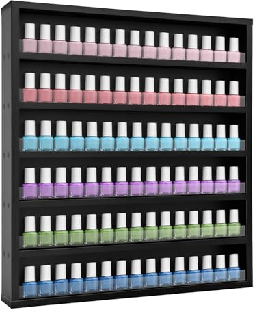 Zenovra 6-Tier Nail Polish Rack,Wall Mount Nail Polish Organizer w/Acrylic Baffle,Salon Display Shelf for Home Spa & Nail Studio,Perfect for Lipstick,Perfume,Holds 120 Bottles (Black, S)