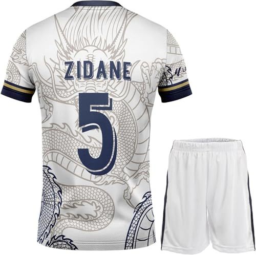 Mokiss #5 Zidane Maillot Enfant Édition Spéciale Dragon pour Enfants, Shorts, Tailles Jeune(140,Blanc)